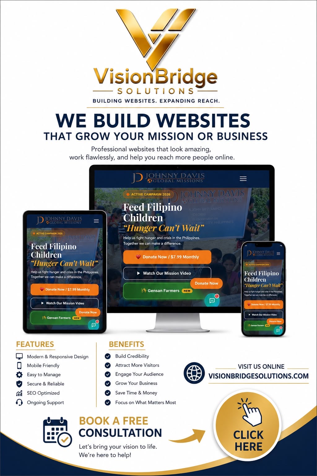 VisionBridge Solutions marketing poster — Johnny Davis Global Missions website campaign